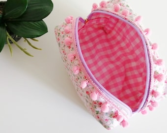 Pom Pom Pink Makeup Bag Floral Cosmetic Bag Quilted Makeup Pouch Toiletry Bag Gift for Her Mothers Day Gift
