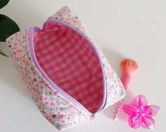 LARGE Pink Makeup Bag Floral Cosmetic Bag Quilted Makeup Pouch Toiletry Bag Gift for Her Mothers Day Gift