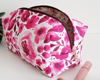 Boxy Make Up Bag - Pink Roses - Floral Makeup Bag - Cosmetic Bag
