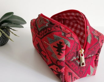 Bright Red Kilim Fabric Woven Make Up Bag Ethnic Cosmetic Bag Makeup Pouch Large Handmade Make Up Bag Gift for Her Mothers Day Gift