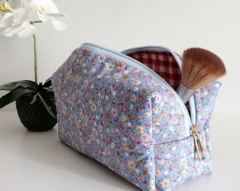 Boxy Make Up Bag - Blue Pink White Red Green Yellow - Floral Makeup Bag - Cosmetic Bag