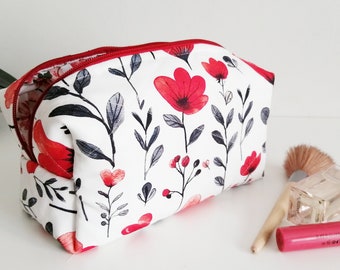 Red Poppies Makeup Bag Floral Cosmetic Bag Quilted Makeup Pouch Toiletry Bag Gift for Her Mothers Day Gift