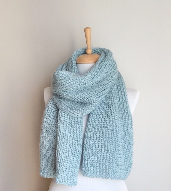 Angora Knit Scarf Warm Winter Scarf Light Blue Angora Wool
