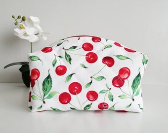 Cherry Makeup Bag Women Cosmetic Bag Cotton Toiletry Makeup Bag Floral Quilted Makeup Bag Gift for Her Gift for Mom