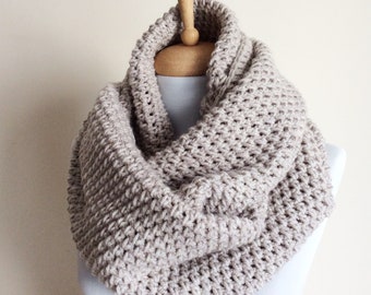 Handknit Chunky Knit Infinity Scarf: Tan Wool Circle Scarf