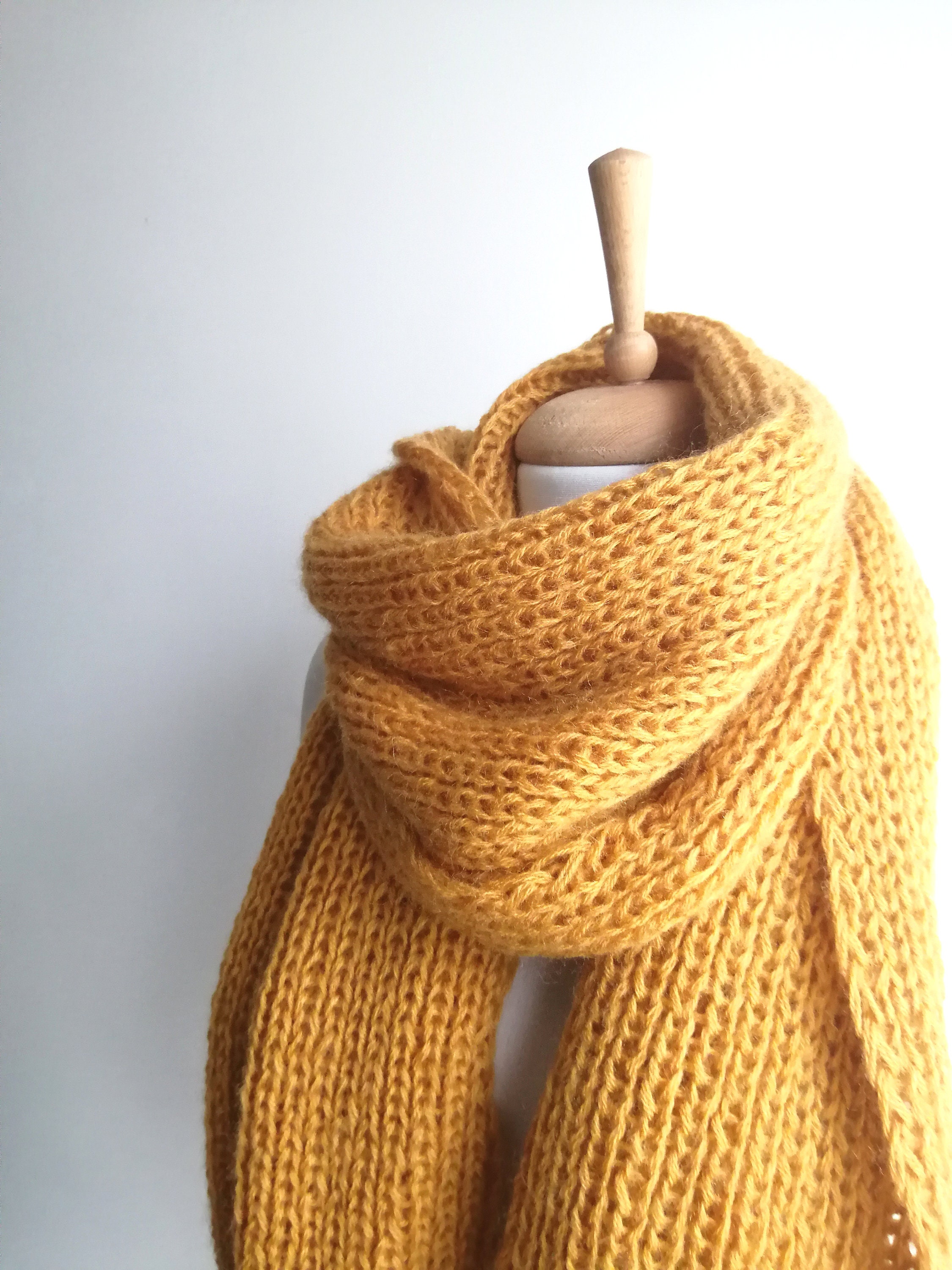 Hand Knit Angora Scarf: Mustard Yellow Wool, Warm Winter Accessory - Etsy
