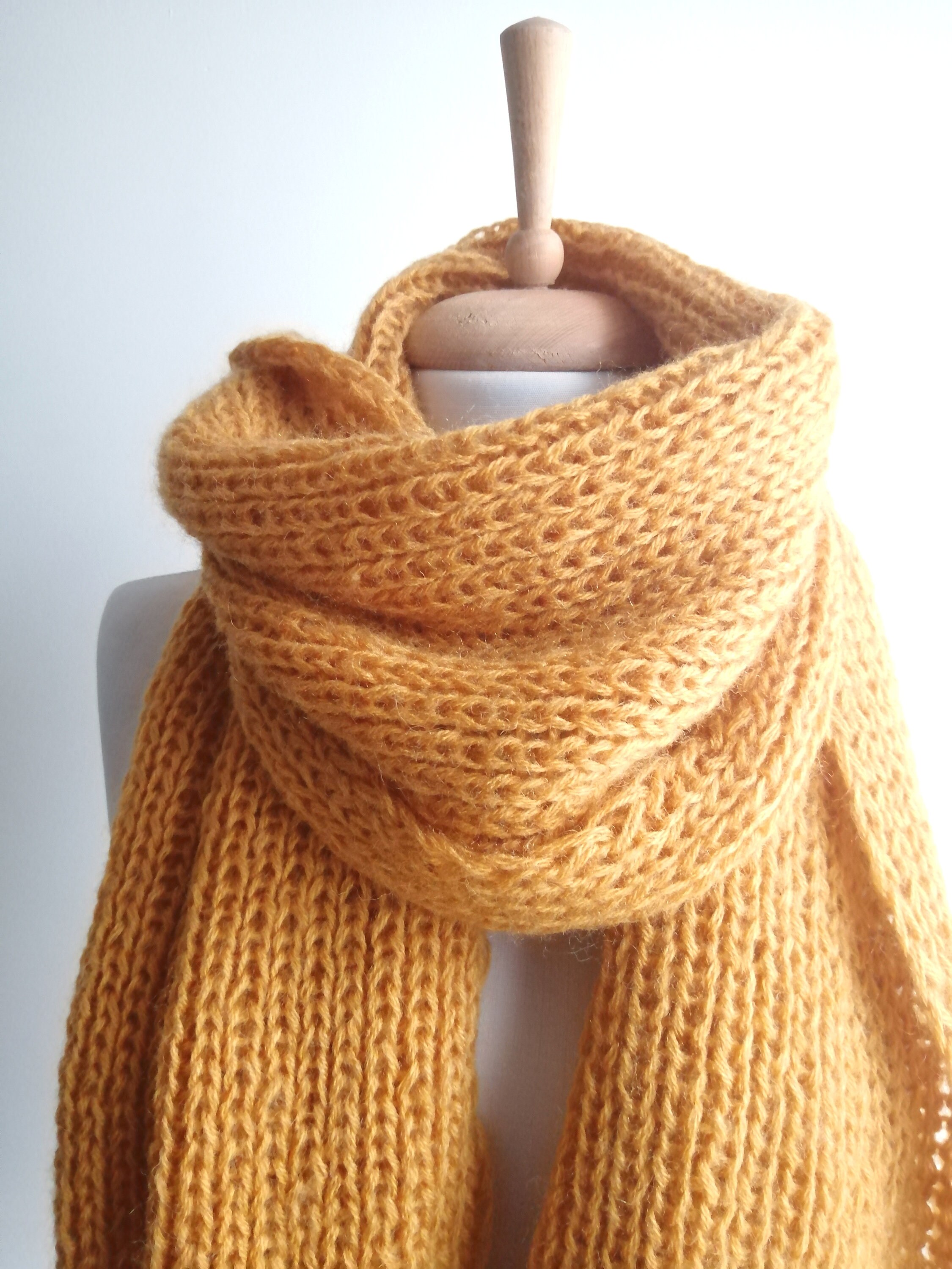 Hand Knit Angora Scarf: Mustard Yellow Wool, Warm Winter Accessory - Etsy
