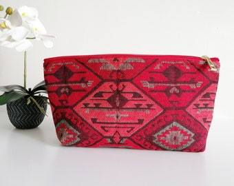 Woven Red Bohemian Kilim Makeup Bag Cosmetic Bag Handmade Makeup Pouch Toiletry Bag Gift for Her Quilted Make Up Bag