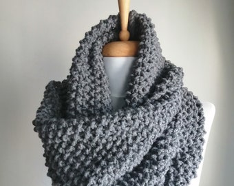 Handknit Gray Infinity Scarf: Wool Acrylic Blend Knit Cowl - Etsy