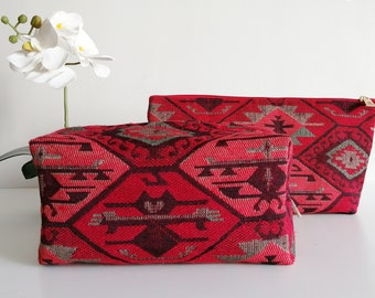 Bright Red Kilim Fabric Woven Make Up Bag Ethnic Cosmetic Bag Make up Pouch Large Handmade Make Up Bag Gift for Her Cosmetic Bag