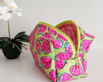 Pink Strawberries Make Up Pouch Quilted Makeup Bag Zipper Fabric Pouch Toiletry Bag  Gift for Her Mothers Day Gift