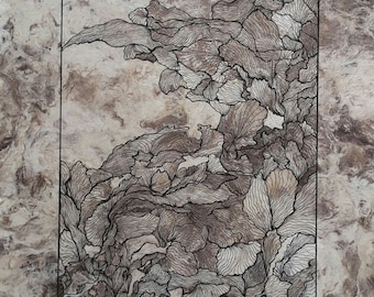 NATURE I, Original ink drawing on handmade paper , leaves, black