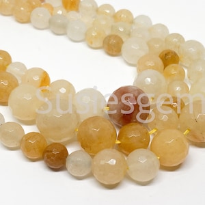 Honey jade graduated faceted round beads 6-14mmmm. Yellow jade gemstone beads. Full strand 17.25&#39;&#39;. Necklace Making Supply