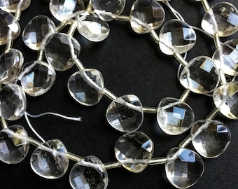 Rock crystal faceted heart beads. Genuine clear crystal teardrop beads. Designer stone. High quality