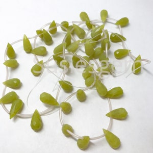 Olive jade faceted teardrop beads. Natural olive green gemstone 7x15mm. 10 pieces