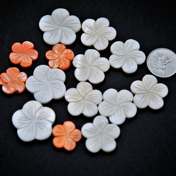 Carved Flower MOP Pendant Beads. 20mm, 25mm. 30mm Mother of pearl flower beads. Center beads. ONE piece.