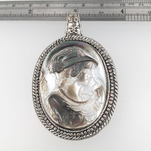 Vintage Carved MOP shell pendant. Victorian Lady Head Silver Tone shell pendant. Inter-changeable. Antique style