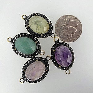 Gemstone bezel connector 18x30mm. Amethyst/Rose quartz,/Green aventurine/Prehnite. Rhinestone inlaid vermeil frame. Double bail.