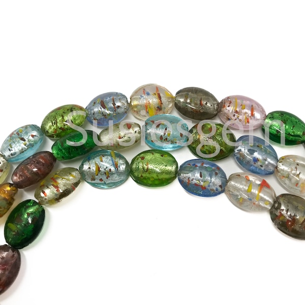 Perles de verre en feuille de lampe. Perles ovales multicolores faites à la main 13x18mm. SIX perles de verre scintillantes