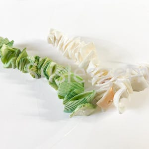 May include: Two strands of shell pieces, one green and one white, arranged in a decorative pattern. The green strand is on the left and the white strand is on the right.