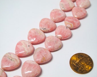 Pink Rhodochrosite heart beads. Genuine gemstone beads. 15mm pink heart beads. Two beads/ Ten beads. Vintage stock from 2000&#39;
