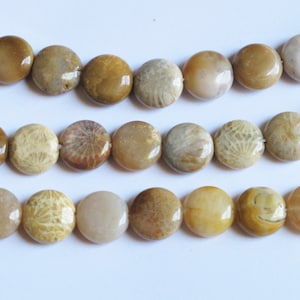 Coral fossil agate coin beads 12mm. Natural, Unique, Healing gemstone 15.5&#39;&#39;