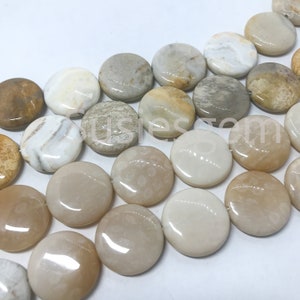 Perle di moneta in agata fossile di corallo naturale da 20 mm. Pietra preziosa naturale, unica e curativa 7,75&#39;&#39;/15,5&#39;&#39;. Stock vintage del 2000&#39;