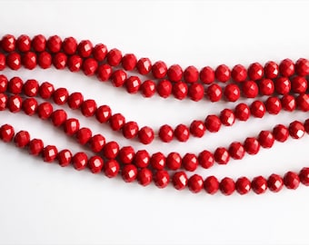 Christmas Red faceted beads.Red quartz rondelle beads 8x10mm. Opaque red beads 10&#39;&#39;. DIY loose beads