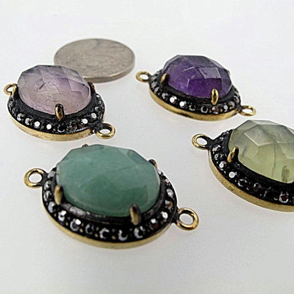 Gemstone bezel connector 18x30mm. Amethyst/Rose quartz,/Green aventurine/Prehnite. Rhinestone inlaid vermeil frame. Double bail.