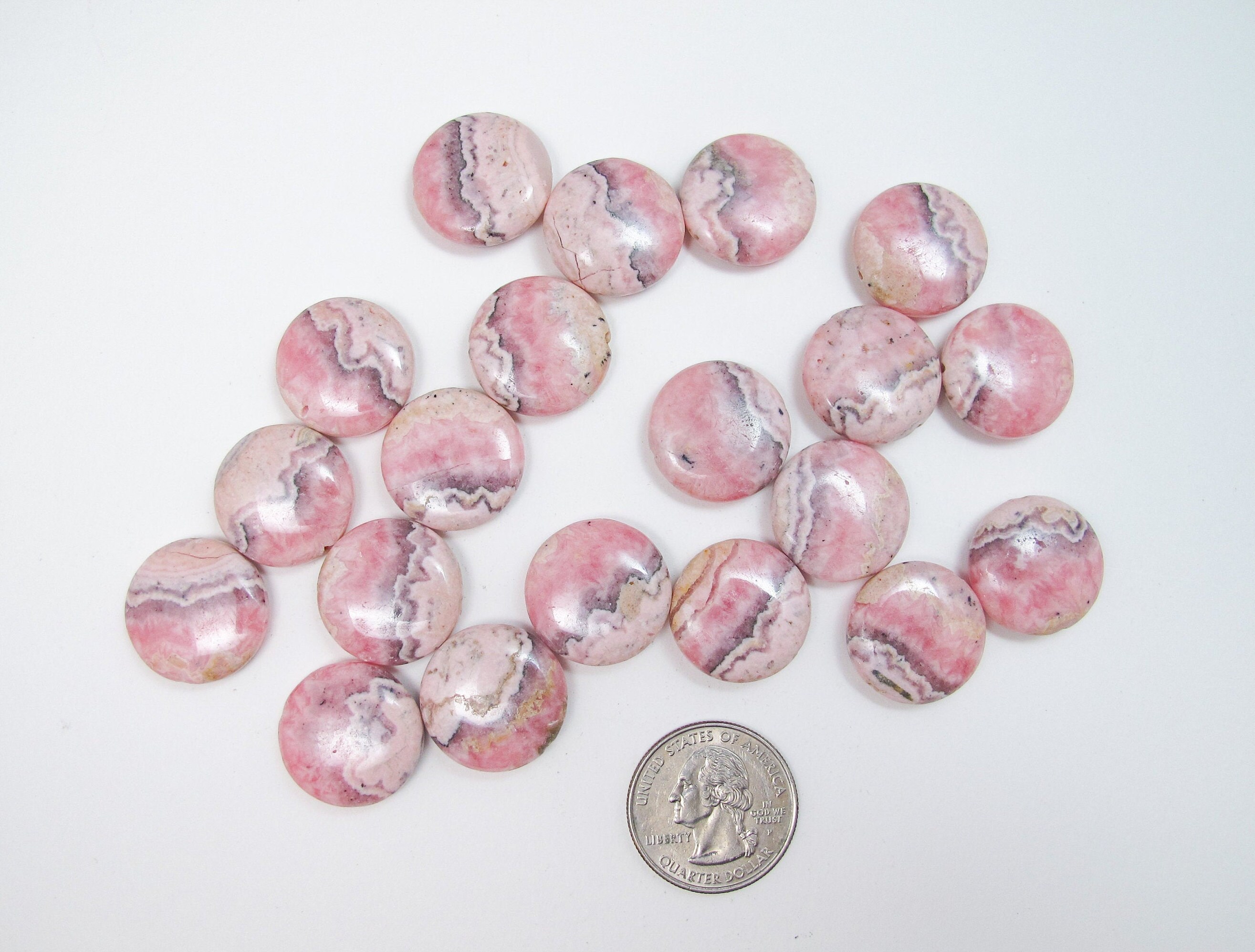 Pink rhodochrosite coin beads. 16mm,20mm Pink coin beads. Rare designer stone. Two beads