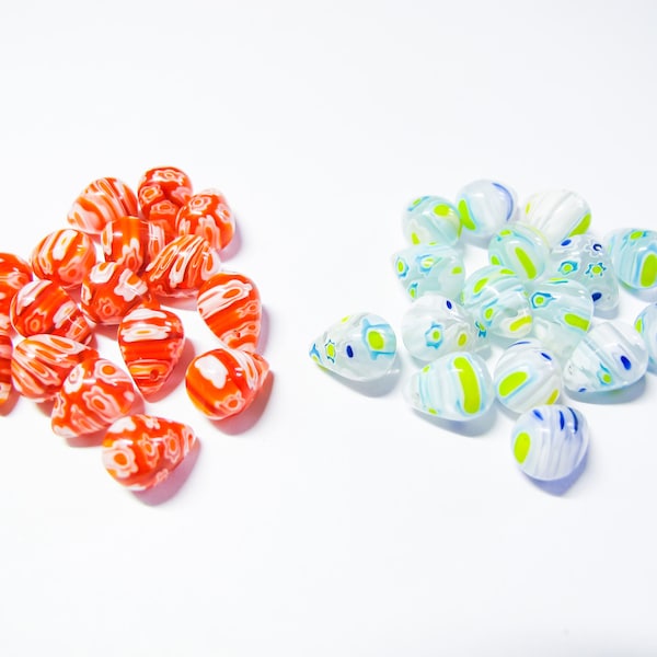 Colorful Millifiori glass teardrop beads 8x10mm. Millifiori glass art beads. 16 beads