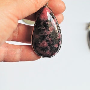 Genuine Rhodonite pendant 45mm. Rhodonite jewelry. Natural Rhodonite Gemstone. Teardrop pendant. Healing stone
