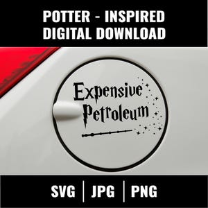 May include: A black and white gas cap sticker with the text "Expensive Petroleum" and a wand with stars. The sticker is on a white car.
