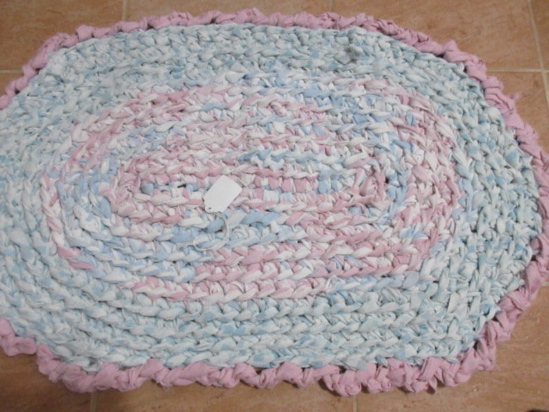 Crocheted Rectangle Rag Rug. Made by My Great Grandaughter. Has Pastel ...