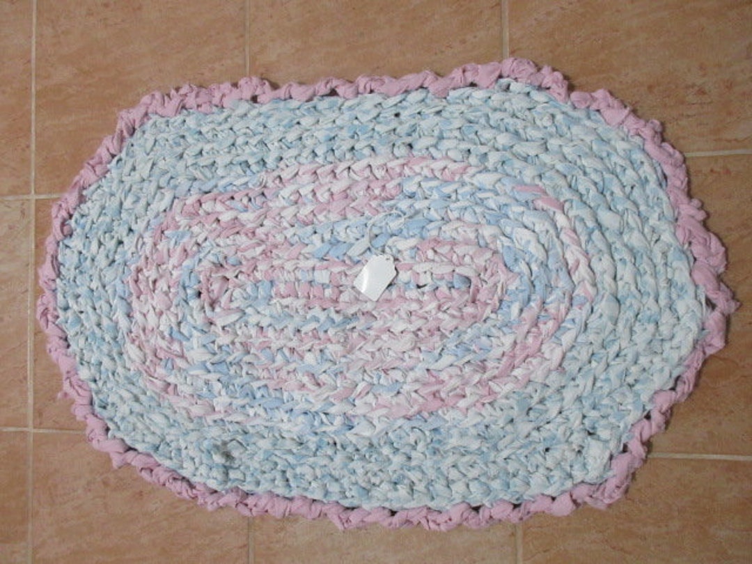 Crocheted Rectangle Rag Rug. Made by My Great Grandaughter. Has Pastel