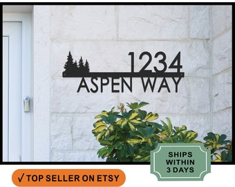 Modern Outdoor House Numbers -  9 Styles Personalized Address Sign for House Pine Tree Cabin Sign Rustic Outdoor Name Sign - Forest Mountain