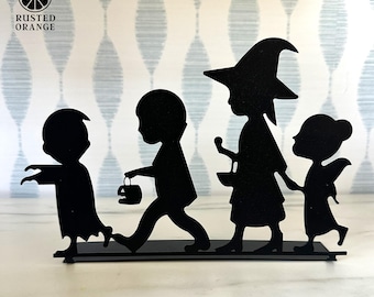 Kids Trick or Treat Silhouette – 9" Wide Halloween Tabletop Metal Decoration – Vampire, Witch, Fairy & Zombie – Bendable Stand