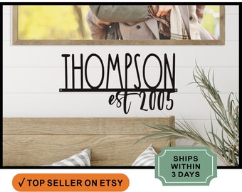 May include: Black metal wall sign with the text "THOMPSON est 2005". The sign is hanging on a white wall with a wooden shelf below it.