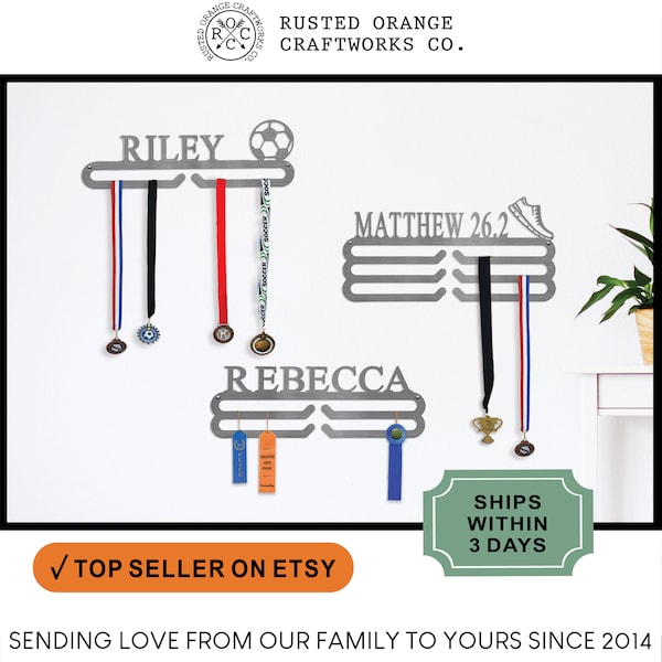 RUSTED ORANGE Medal Hanger Holder Display Rack for Awards - Personalized Sports Themed Ribbon Holder- Tiered Award Rack-medal hanger display