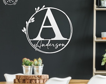 Floral Leaves Monogram Metal Sign: Personalized Wall Decor