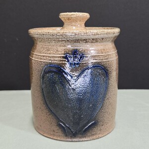 Vintage Cooksburg Pottery 1989 Salt Glazed Stoneware Lidded Crock Cobalt Heart Signed Tim Galligan Late 20th Century Folk Art Pottery Jar