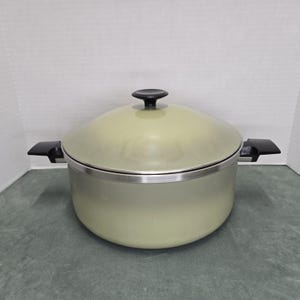 May include: A round, light sage green cooking pot with a matching lid and black handles. The pot features a silver-toned metal rim around the top edge. A black knob is centered on the lid, and black side handles are attached to the pot body.