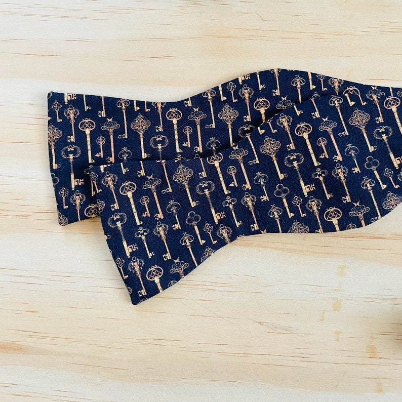 Skeleton Keys Self Tie Bow Ties, Black and Gold, Custom Bow Tie, 1 Year Anniversary Gift for Boyfriend, Groomsmen Bow Tie, Black Owned Shops image 1