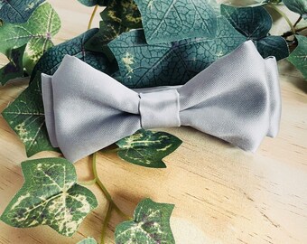 Silver Satin Bow Tie, Mens Pre Tied Bow Tie, Groom Bow Tie, Father of the Bride, Groomsmen Gift Box, Self Tie Bow Tie, Black Owned