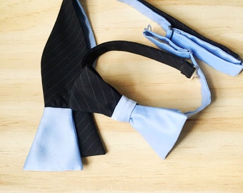 Self Tie Bow Tie Black and Blue Pinstripe Blue Satin, Bowtie for Men, Unique Men’s Gift, 𝐎𝐫𝐝𝐞𝐫 Tied or Untied