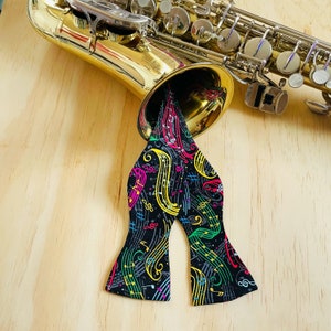 Colorful Music Self Tie Bow Ties, Jazz Bow Tie, Mens Bow Tie, Music Lovers Gift, Mens Gifts, Black Owned Business image 4