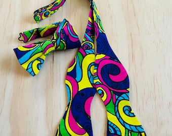 Colorful African Self Tie Bow Ties, Ankara Mens Bow Tie, Psychedelic Bow Tie, African Accessories, 70’s Bow Tie, Black Owned Business