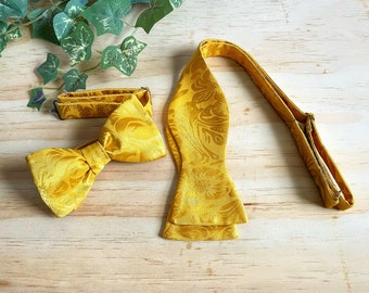 Self Tie Bow Ties Gold Brocade, Mens Luxury Bow Tie, Satin Yellow Bow Tie, Groom Bow Tie, Groomsmen Gifts, Black Owned Business