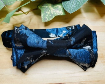 Mens Bow Tie Navy Silver Floral Brocade,  Blue Metallic Flowers Bow Tie, Groom Bow Tie, Groomsmen Bow Tie, Black Owned Shops