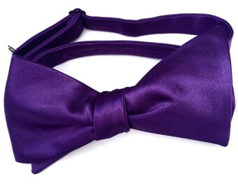 Mens Purple Satin Bow Tie, Wedding Bow Tie, Self Tie Bow Tie